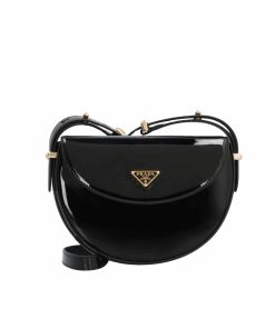 Prada Triangle Logo Patent Leather Shoulder Bag Black 17Cm