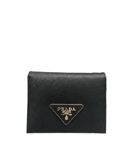 Prada Small Saffiano Lux Leather Flap Continental Triangle Black Wallet 10Cm
