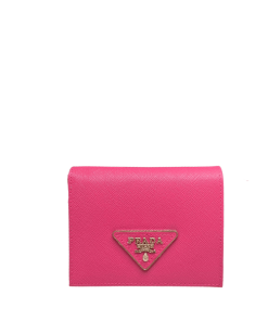 Prada Small Saffiano Lux Leather Flap Continental Triangle Dark Pink Wallet 10Cm