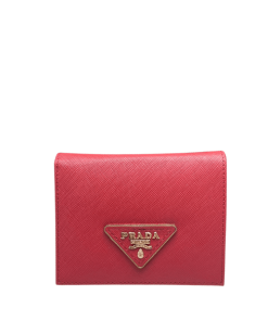Prada Small Saffiano Lux Leather Flap Continental Triangle Red Wallet 10Cm