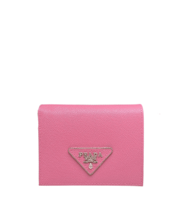 Prada Small Saffiano Lux Leather Flap Continental Triangle Light Pink Wallet 10Cm