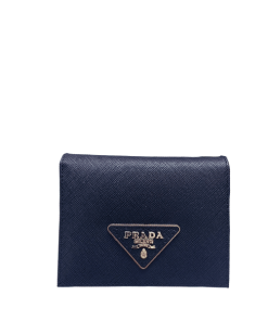 Prada Small Saffiano Lux Leather Flap Continental Triangle Navy Blue Wallet 10Cm