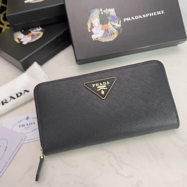 Prada Large  Saffiano Triangle Zip Around Long Wallet Black 19Cm 1Ml506 Qhh F0002 - Image 9