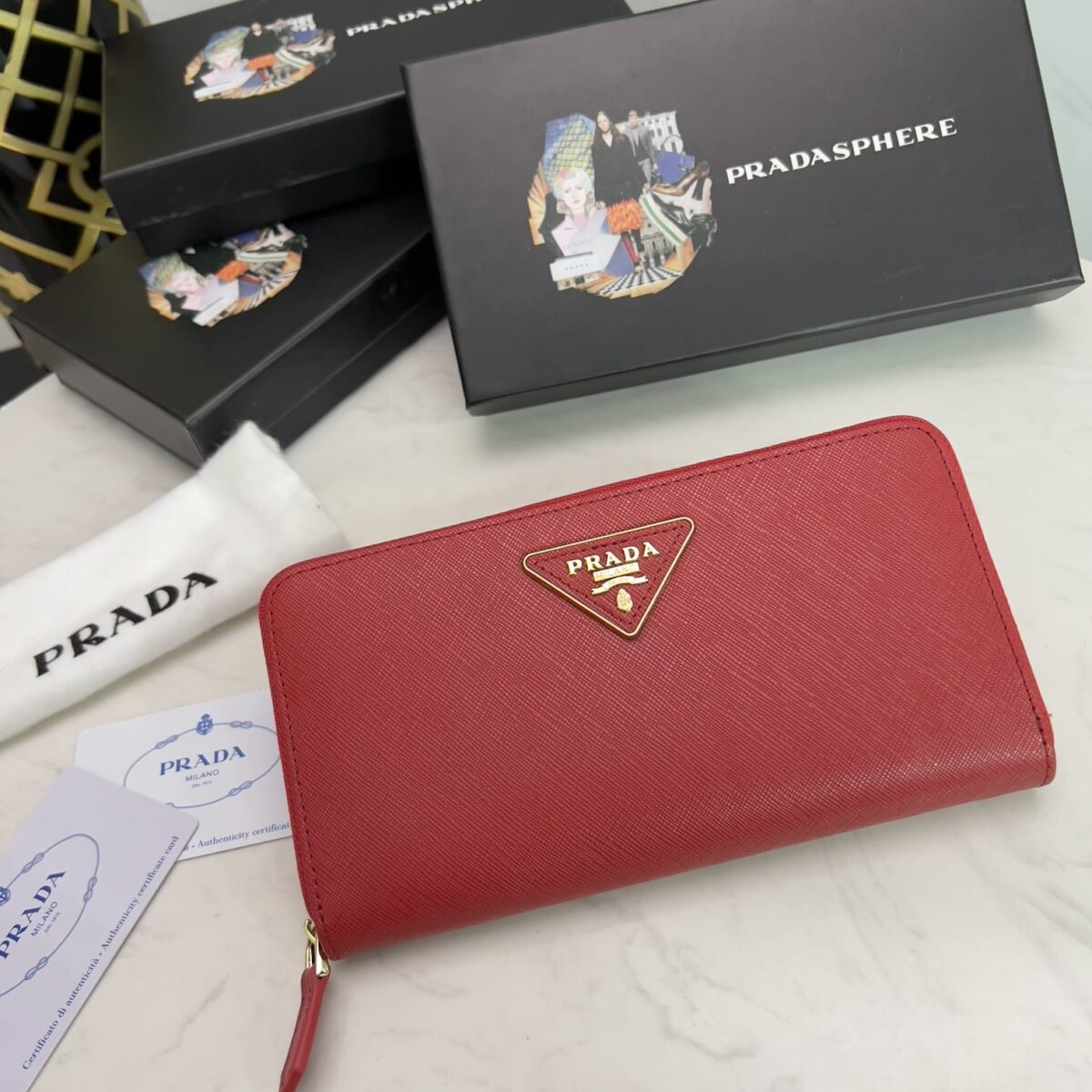Prada Large Saffiano Triangle Zip Around Long Wallet Red 19Cm 1Ml506 Qhh F068Z - Image 10