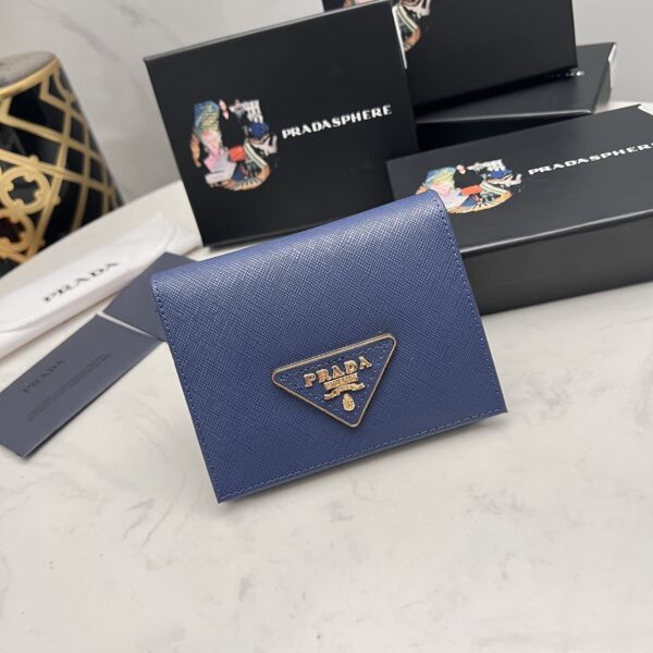 Prada Small Saffiano Lux Leather Flap Continental Triangle Navy Blue Wallet 10Cm - Image 10