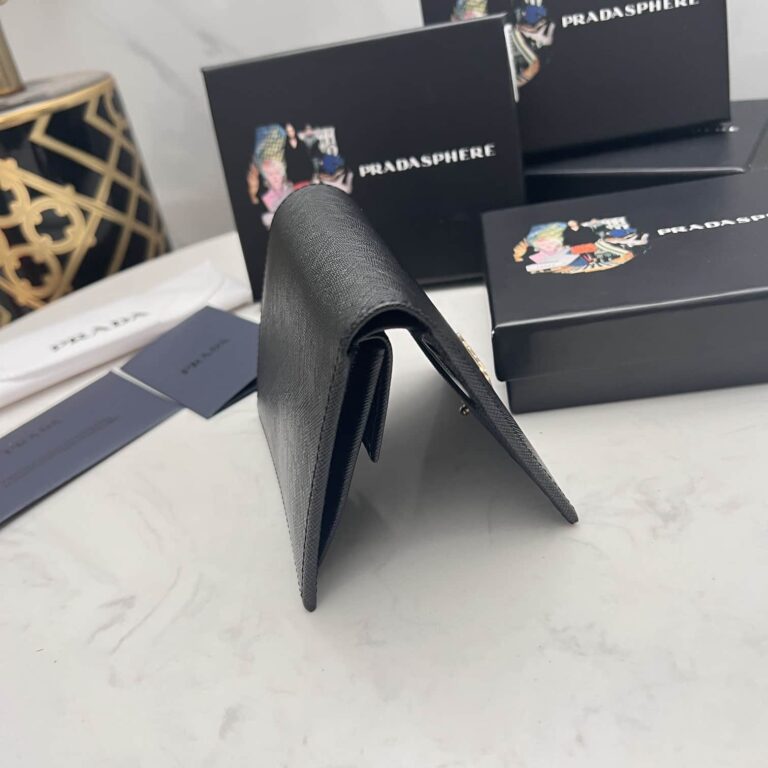Prada Small Saffiano Lux Leather Flap Continental Triangle Black Wallet 10Cm - Image 2
