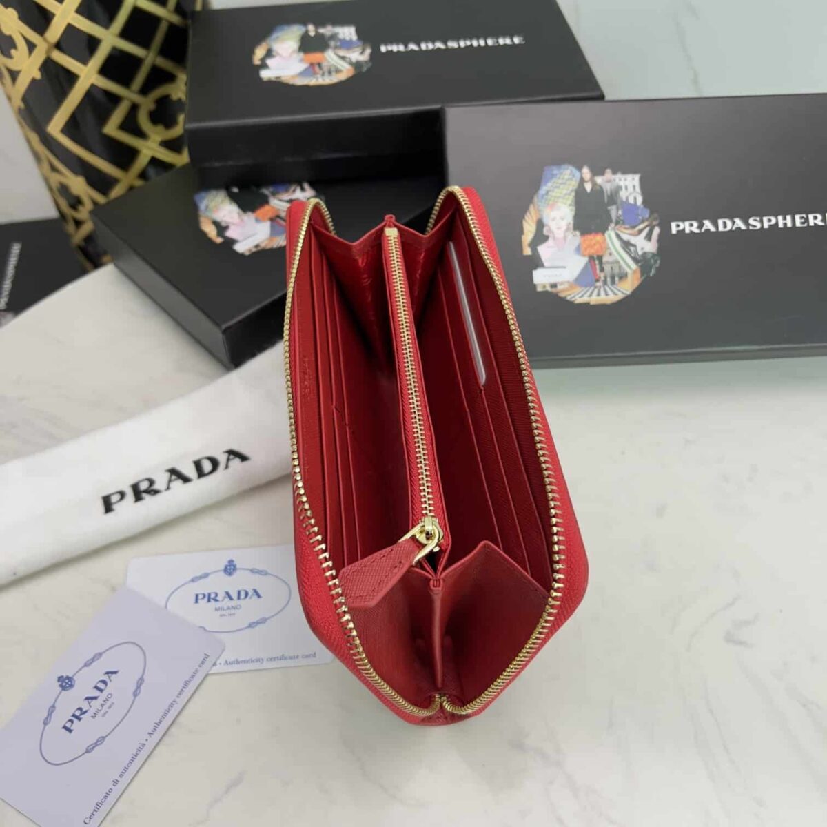 Prada Large Saffiano Triangle Zip Around Long Wallet Red 19Cm 1Ml506 Qhh F068Z - Image 3