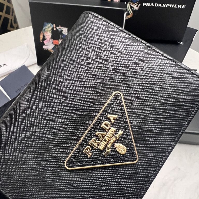 Prada Small Saffiano Lux Leather Flap Continental Triangle Black Wallet 10Cm - Image 4