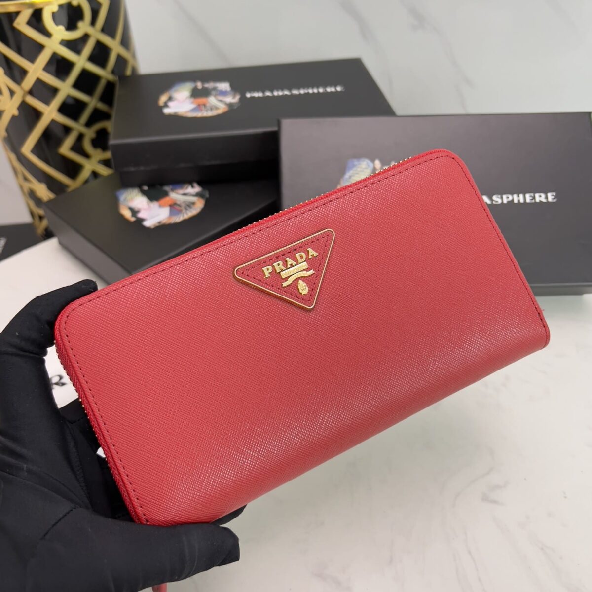 Prada Large Saffiano Triangle Zip Around Long Wallet Red 19Cm 1Ml506 Qhh F068Z - Image 7