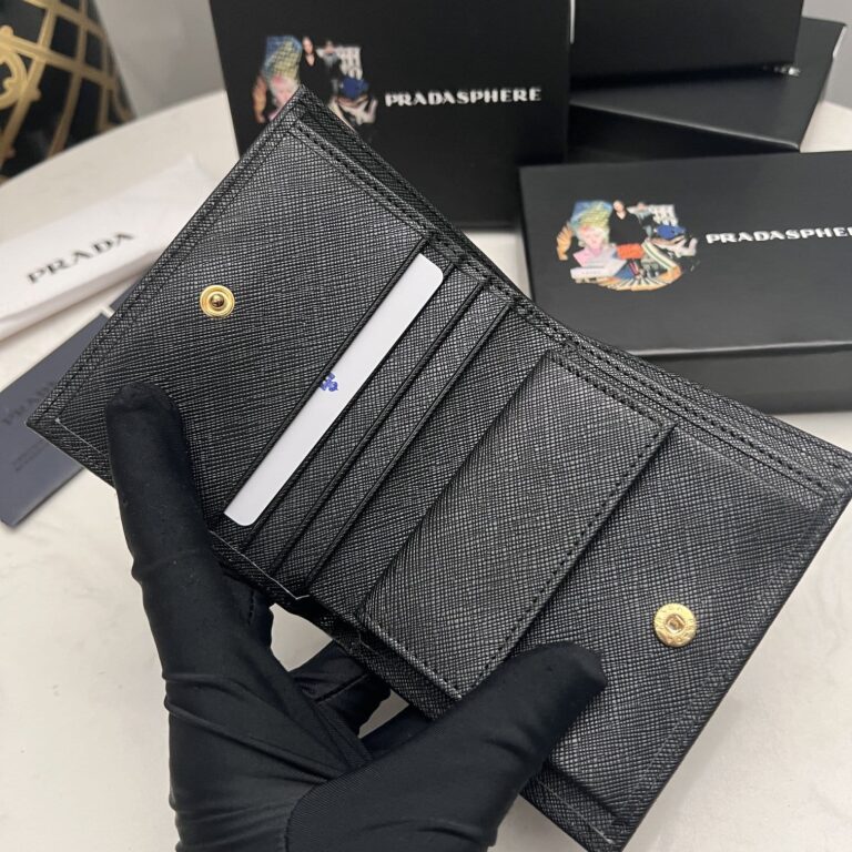 Prada Small Saffiano Lux Leather Flap Continental Triangle Black Wallet 10Cm - Image 9