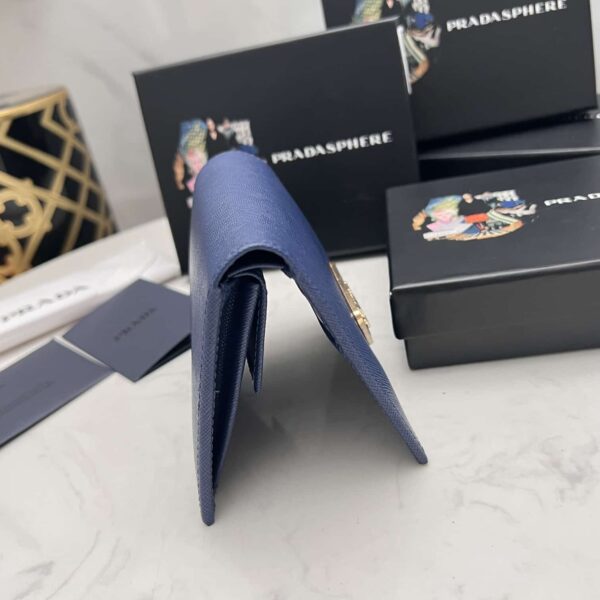 Prada Small Saffiano Lux Leather Flap Continental Triangle Navy Blue Wallet 10Cm - Image 7