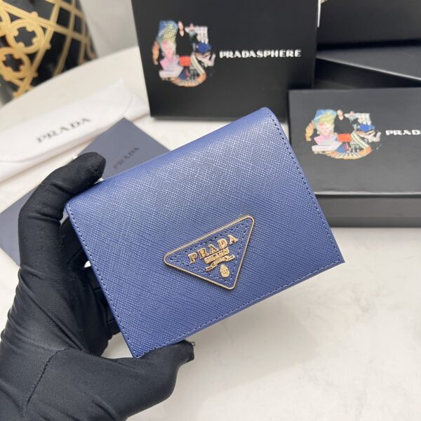 Prada Small Saffiano Lux Leather Flap Continental Triangle Navy Blue Wallet 10Cm - Image 9
