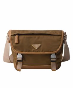 Prada Re Nylon And Leather Shoulder Bag Cork Beige 24Cm 2Vd066 2Cx2 F0594 V Ooo