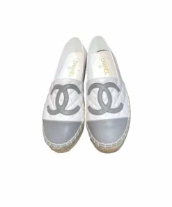 Chanel Embroidered Espadrille Leather Grey Cap Toe Flats White