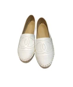 Chanel Embroidered Espadrille Leather Cap Toe Flats White