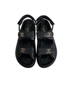 Chanel Cc Button Velcro Black Sandals Grained Calfskin Leather