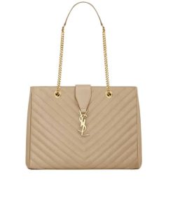 Saint Laurent Grain De Poudre Matelasse Chevron Shopping Bag Gold Hardware Beige 32Cm