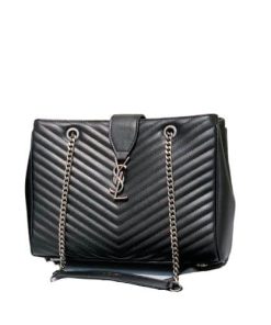 Saint Laurent Black Grain De Poudre Matelasse Chevron Monogram Shopping Bag Silver Hardware