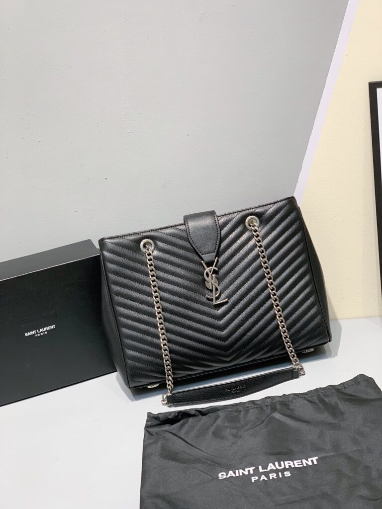 Saint Laurent Black Grain De Poudre Matelasse Chevron Monogram Shopping Bag Silver Hardware - Image 5