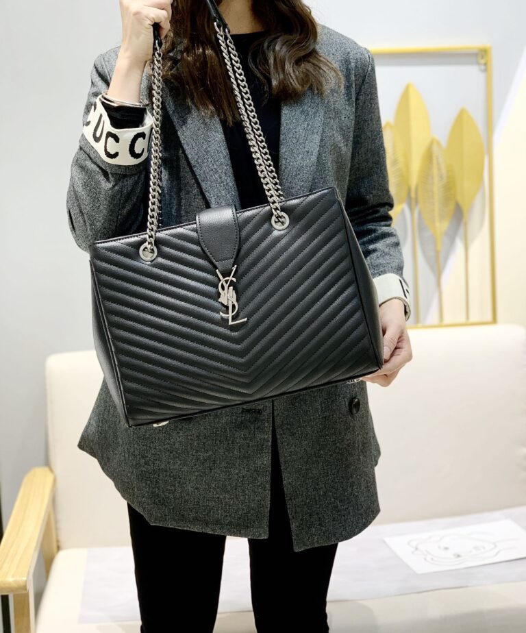 Saint Laurent Black Grain De Poudre Matelasse Chevron Monogram Shopping Bag Silver Hardware - Image 2