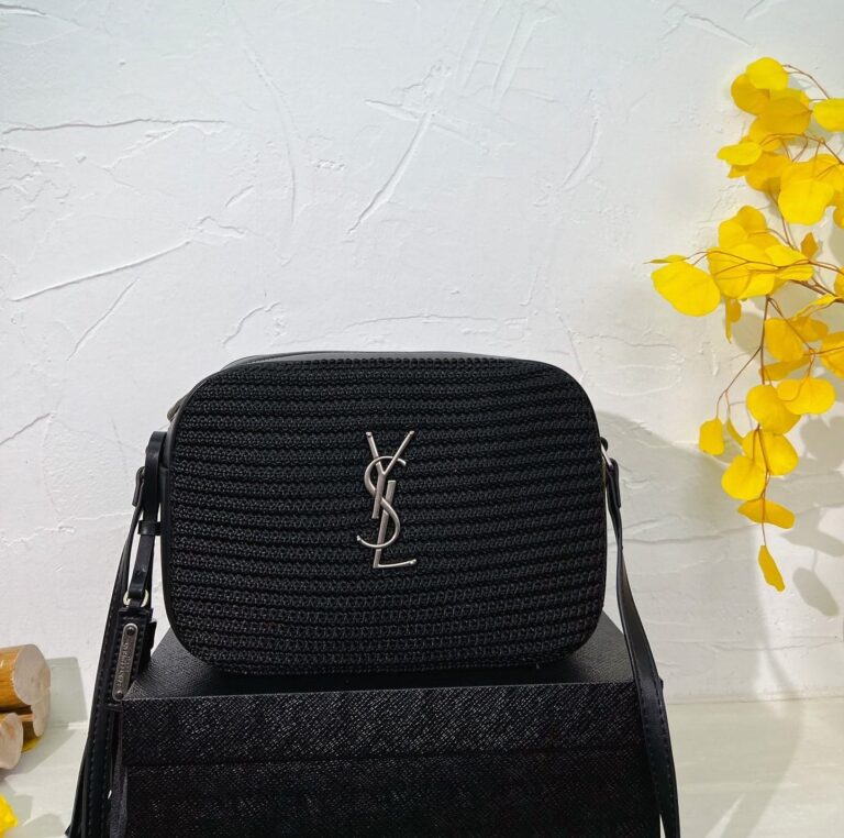 Saint Laurent Lou Camera Bag In Raffia And Smooth Leather Black 24Cm - Image 6