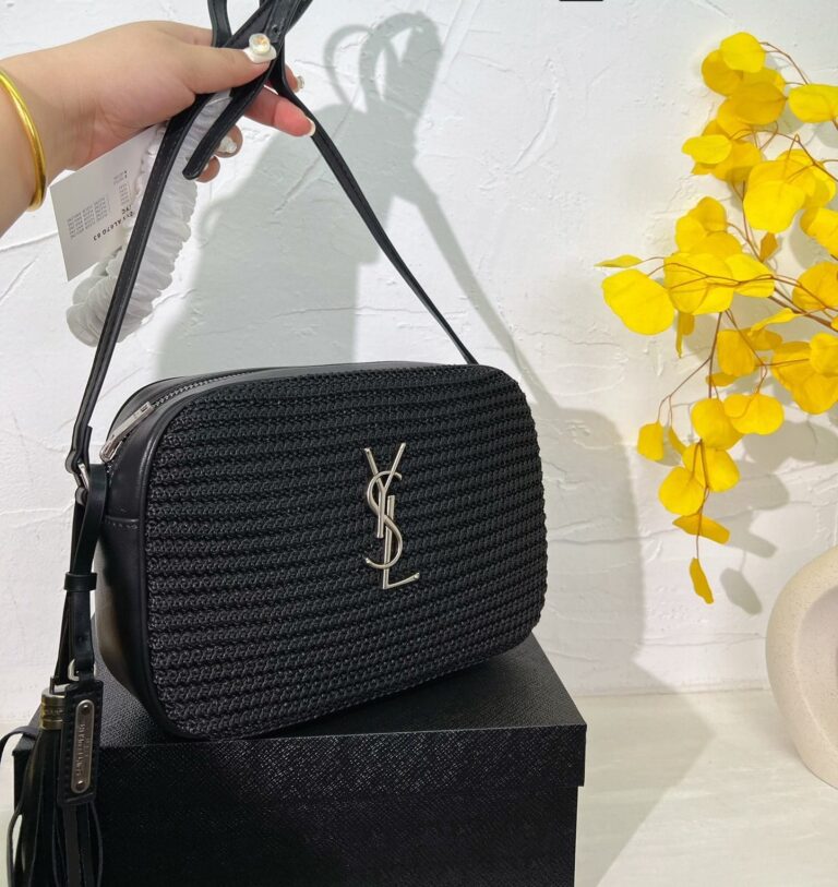 Saint Laurent Lou Camera Bag In Raffia And Smooth Leather Black 24Cm - Image 5