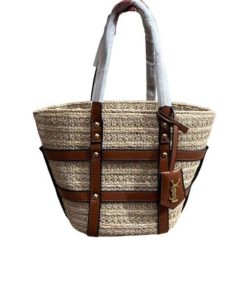 Saint Laurent Panier Studded Leather Trimmed Woven Raffia Tote Bag 18Cm