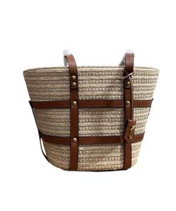 Saint Laurent Panier Studded Leather Trimmed Woven Raffia Tote Bag 25Cm