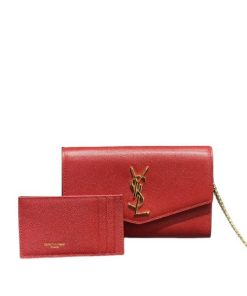 Saint Laurent Uptown Chain Wallet In Grain De Poudre Embossed Leather Red 19Cm