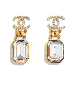 Chanel Gold Crystal Metal Strass Cc Earrings
