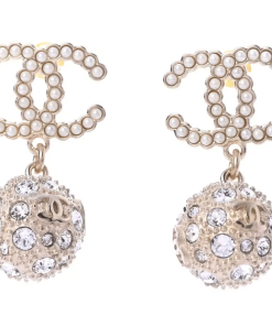 Chanel New Cc Gold Ball Crystal Pearl Drop Earrings