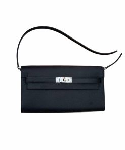 Hermes Kelly Pochette Boxcalf Silver Hardware Black 23Cm