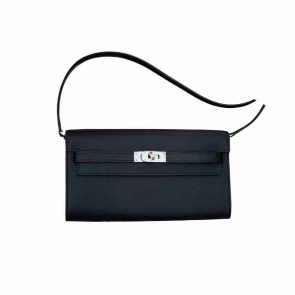 Hermes Kelly Pochette Boxcalf Silver Hardware Black 23Cm