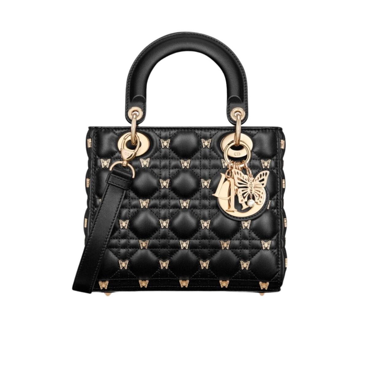 Dior Small Lady Dior Bag Cannage Lambskin With Gold Finish Butterfly Studs Black 20Cm M0531Onhz M900 - Image 1