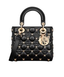 Dior Small Lady Dior Bag Cannage Lambskin With Gold Finish Butterfly Studs Black 20Cm M0531Onhz M900