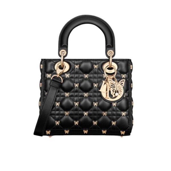 Dior Small Lady Dior Bag Cannage Lambskin With Gold Finish Butterfly Studs Black 20Cm M0531Onhz M900