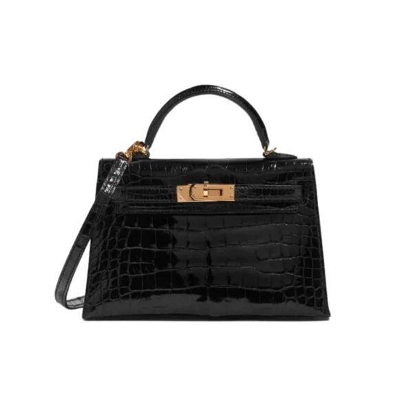 Hermes Kelly Alligator Gold Buckle Black 22Cm