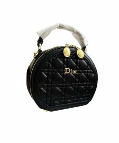 Dior Caro Round Pouch Cross Bag Gold Hardware Black 13Cm