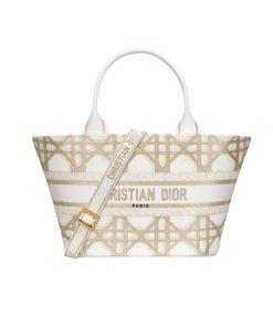 Dior Hat Basket Bag Gold Tone Macrocannage Embroidery White 26Cm M1328Czaz M01E