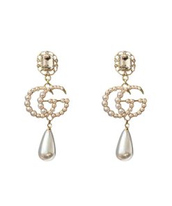Gucci Pearl Gg Drop Earings In Gold