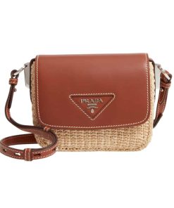 Prada Raffia And Leather Crossbody Bag Naturale Brown 20Cm