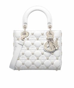 Dior Small Lady Dior Bag Cannage Lambskin With Gold Finish Butterfly Studs White 20Cm M0531Onhz M010