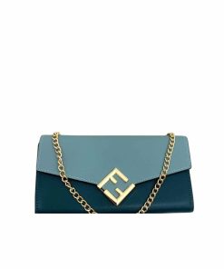 Fendi Ff Diamonds Continental With Chain Leather Wallet Green Blue 19Cm