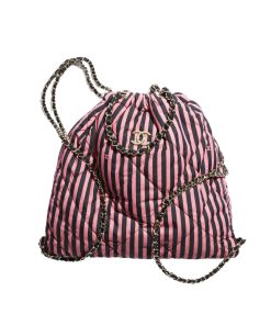 Chanel Large Backpack Printed Fabric And Gold Metal In Black And Pink 36Cm As4692 B15587 Nt287