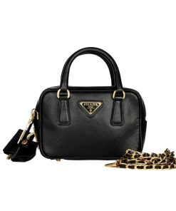 Prada Saffiano Lux Signature Mini Bauletto Bag Black 19Cm