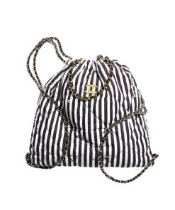 Chanel Large Backpack Printed Fabric And Gold Metal In Black And White 36Cm