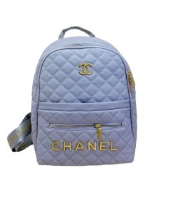 Chanel Lambskin Backpack Blue And Gold 30Cm