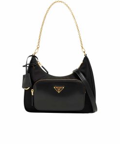Prada Leather Pocket Re Nylon Shoulder Bag Black 22Cm