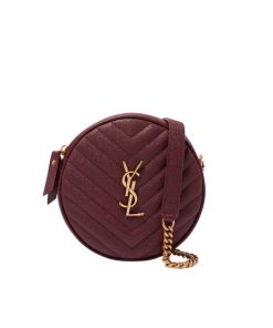 Saint Laurent Vinyle Round Camera Bag In Chevron Quilted Grain De Poudre Embossed Leather Red 18Cm