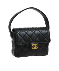 Chanel Lambskin Leather Party Top Handle Satchel Flap Bag Black 23Cm